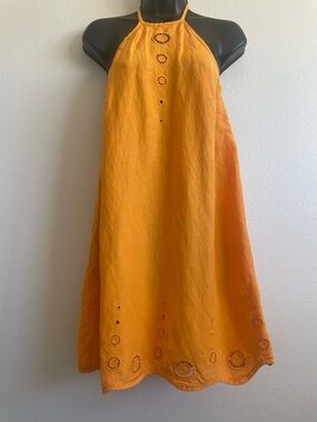Orange Anthropology Halter Dress Women’s M Linen Blend Eyelet Swing Mini